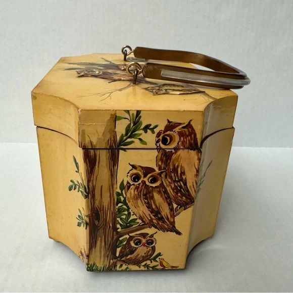 Wood Box 3D Decoupage Purse Octagon Brass Clasp Owls Vintage 60s/70s - Picture 6 of 16